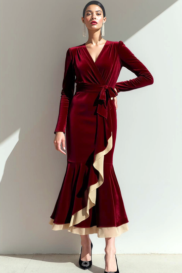 Cabernet Mermaid Ruffled Velvet Long Sleeve Holiday Party Dress